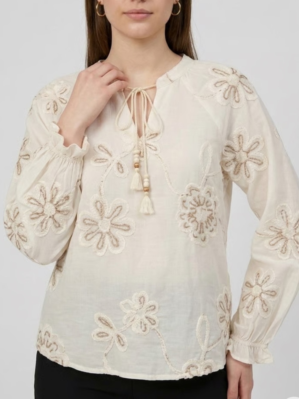 Embroidered Cream Tie-Neck Peasant Blouse - Women